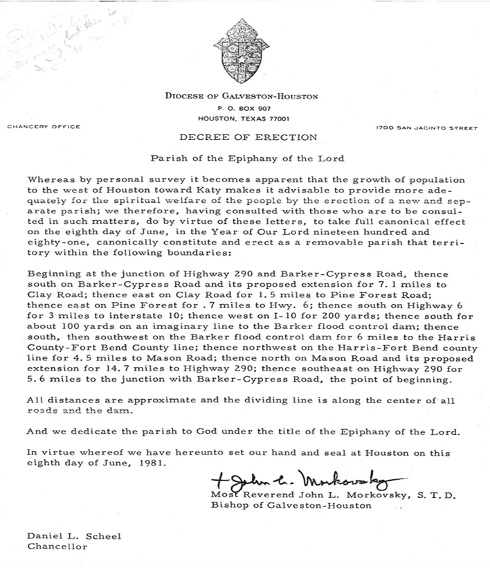 Image of the decree of erection for Epiphany Catholic Church.