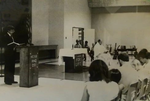 Photo of the first mass at Memorial Parkway.